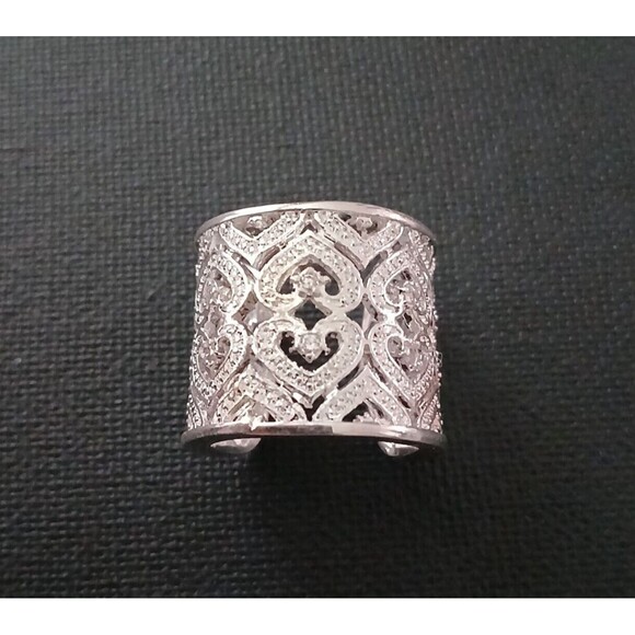 925 Sterling Silver Tall Cuff Style Cigar Band Heart Ring Open Filigree Boho - Picture 5 of 10